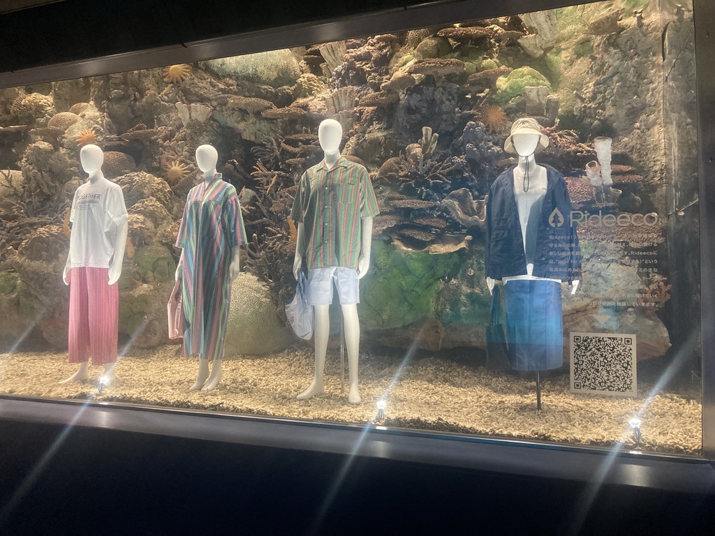 「サンゴショーウィンドウ」ではRideecoのほか、複数のアパレルブランドの服やバッグなどあわせて３４点を身につけた８体のマネキンが展示されました。