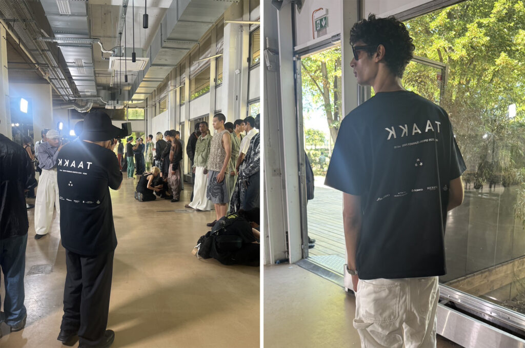 バックステージでは、モデルやカメラマンたちもTシャツを着用し、ショーの開幕を静かに待ち構えていました。