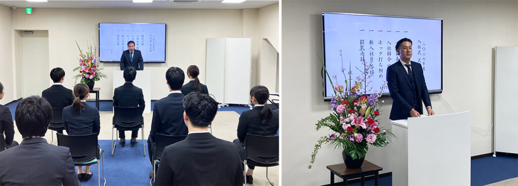 左： モリト株式会社 一坪社長による進行のもと、会がスタート。 右： モリトアパレル株式会社 森社長から、新入社員へ入社辞令を授与しました。